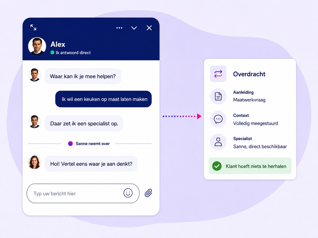 Chat conversation in which the AI brings in a specialist, with a handover card showing the trigger, the full context and the available specialist.