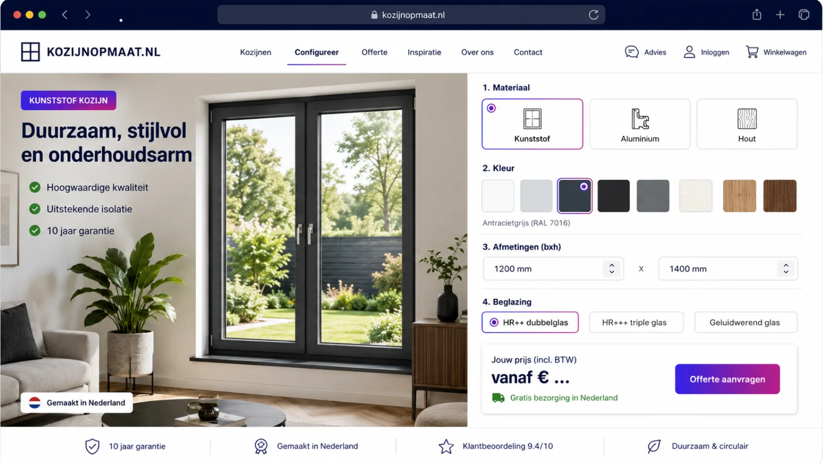 Kozijnenconfigurator met de Bconnect-chat die een bezoeker helpt een offerte aan te vragen