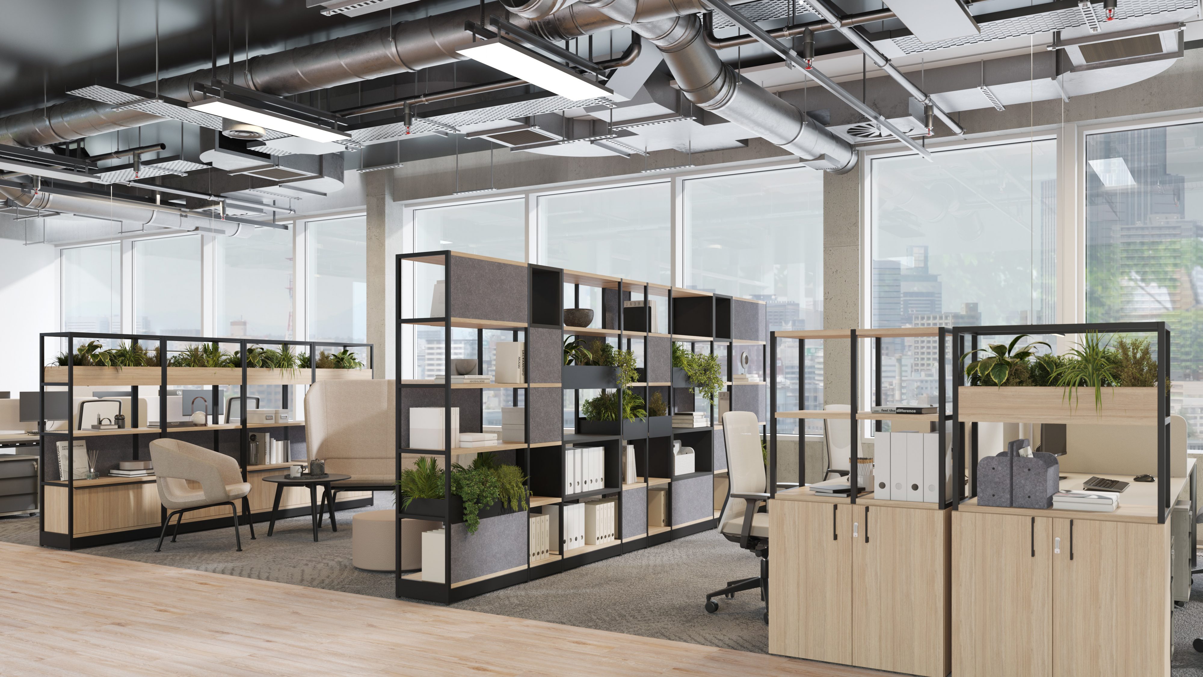 A furnished office space with wooden furniture, planters and acoustic partitions